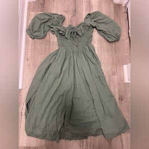 Free People Sage Green Smocked Midi Dress with Puff Sleeves